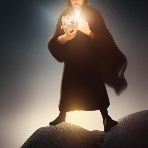 Merlin is seen standing on a rocky planet, holding a glowing crystal with a look of determination on his face.